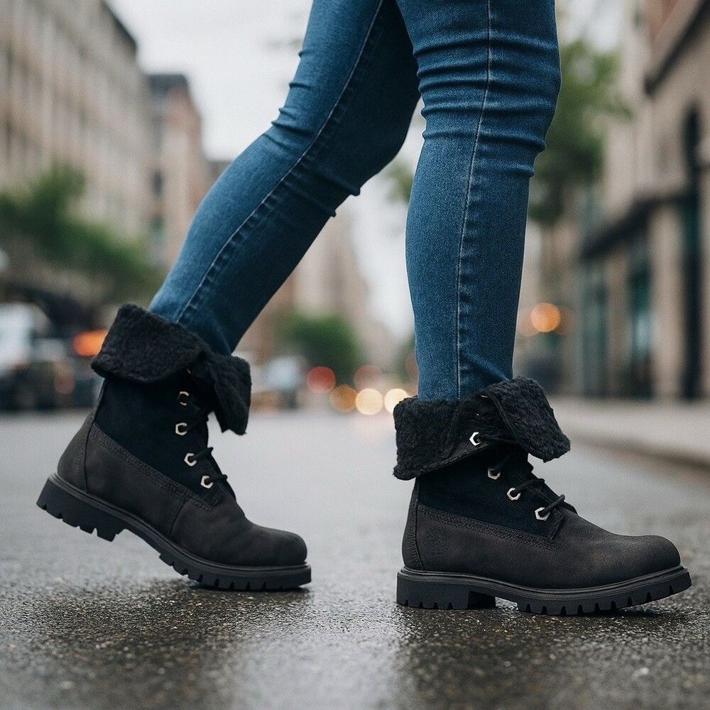 Timberland Womens 6.5 Black Waterproof Fold Down Fleece Lined Winter‎ Boots